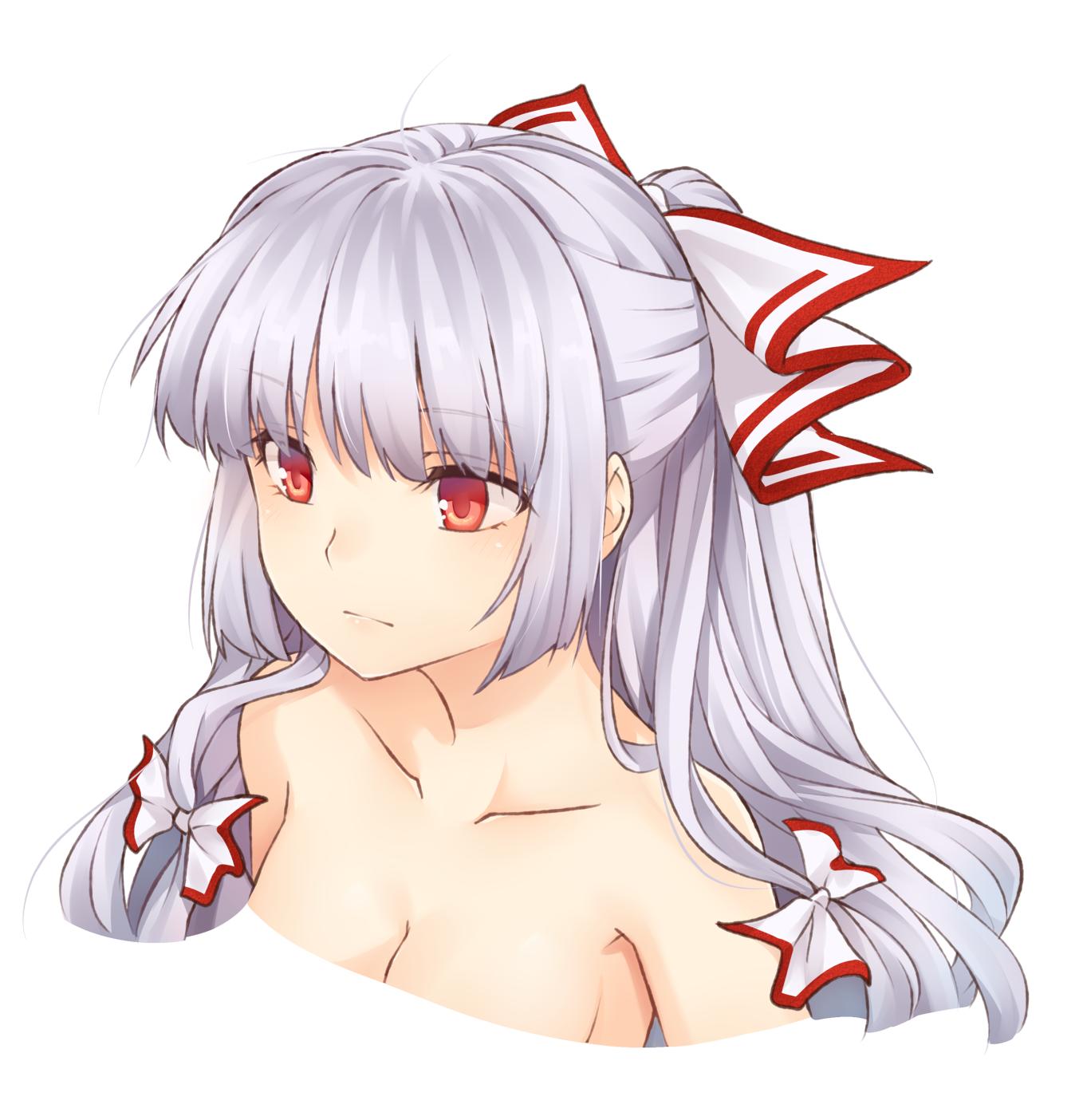 1girl bangs bow breasts collarbone commentary_request cropped_torso eyebrows_visible_through_hair fujiwara_no_mokou hair_bow half_updo highres long_hair medium_breasts miyo_(ranthath) nude red_eyes sidelocks silver_hair simple_background solo touhou upper_body white_background white_bow