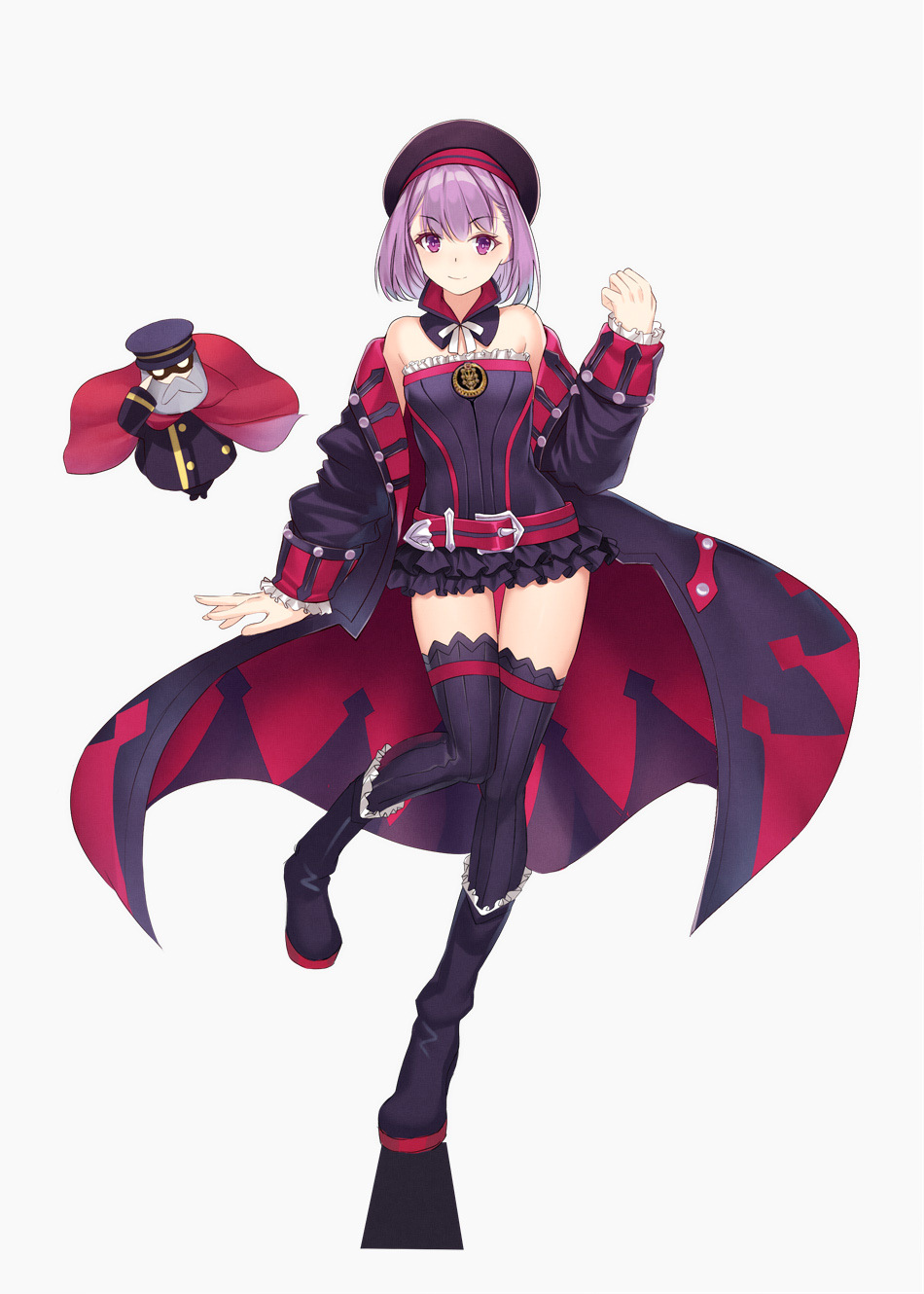 1girl bangs belt belt_buckle black_dress black_footwear black_headwear black_legwear boots buckle closed_mouth detached_collar dhfz181 dress fate/grand_order fate_(series) frilled_boots frilled_dress frills full_body hat helena_blavatsky_(fate/grand_order) highres knee_boots long_sleeves looking_at_viewer neck_ribbon purple_hair red_belt ribbon shiny shiny_hair short_dress short_hair simple_background sleeveless sleeveless_dress smile solo standing standing_on_one_leg striped striped_dress thigh-highs violet_eyes white_background white_ribbon zettai_ryouiki