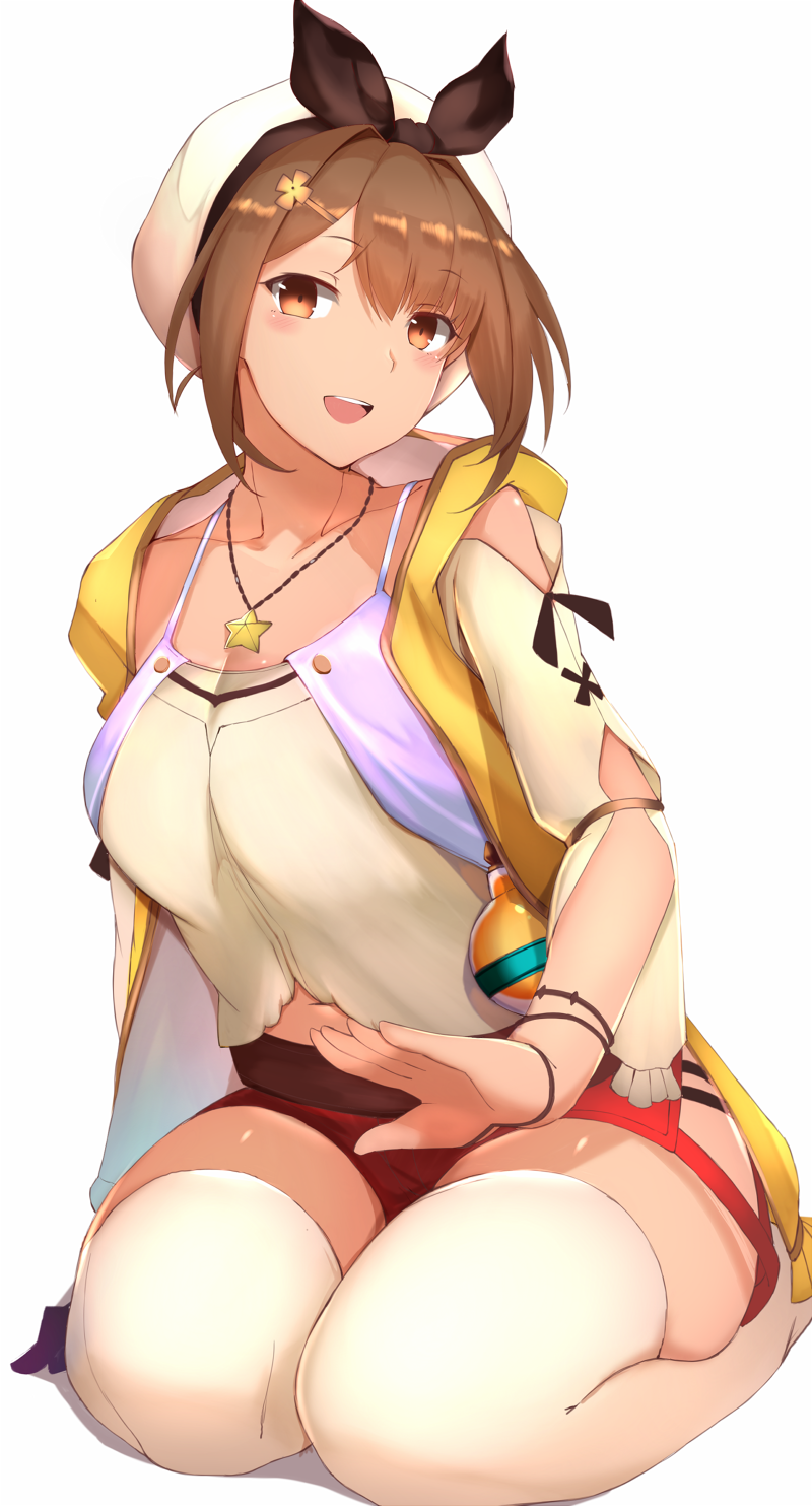 atelier_(series) atelier_ryza bow bracelet breasts brown_hair hair_bow hair_ornament hairclip highres jewelry lap_pillow_invitation light_smile looking_at_viewer navel necklace red_shorts reisalin_stout saisarisu short_hair short_shorts shorts simple_background skindentation smile star star_necklace thick_thighs thigh-highs thighs white_background white_legwear