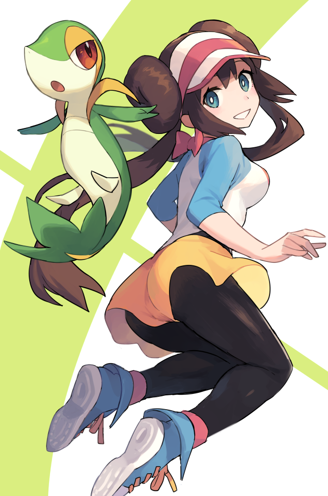 1girl black_legwear blue_eyes blue_footwear breasts brown_hair double_bun gen_5_pokemon guwatefu long_hair looking_at_viewer medium_breasts mei_(pokemon) pantyhose pokemon pokemon_(creature) pokemon_(game) pokemon_bw2 raglan_sleeves shoes skirt smile snivy twintails visor_cap yellow_skirt