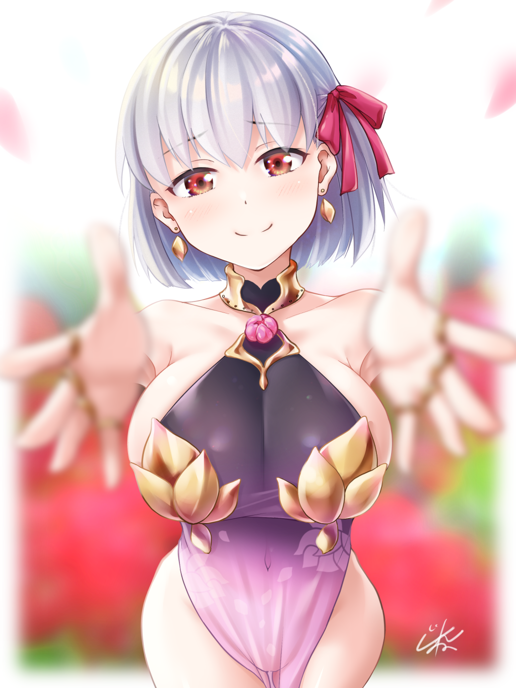 1girl bangs bare_shoulders blurry blurry_background blush breasts closed_mouth collarbone covered_navel dress earrings fate/grand_order fate_(series) flower hair_between_eyes hair_ribbon highres jewelry kama_(fate/grand_order) large_breasts looking_at_viewer lotus outstretched_arms petals purple_dress red_eyes red_ribbon ribbon ring short_hair silver_hair sleeveless sleeveless_dress smile solo zinzen