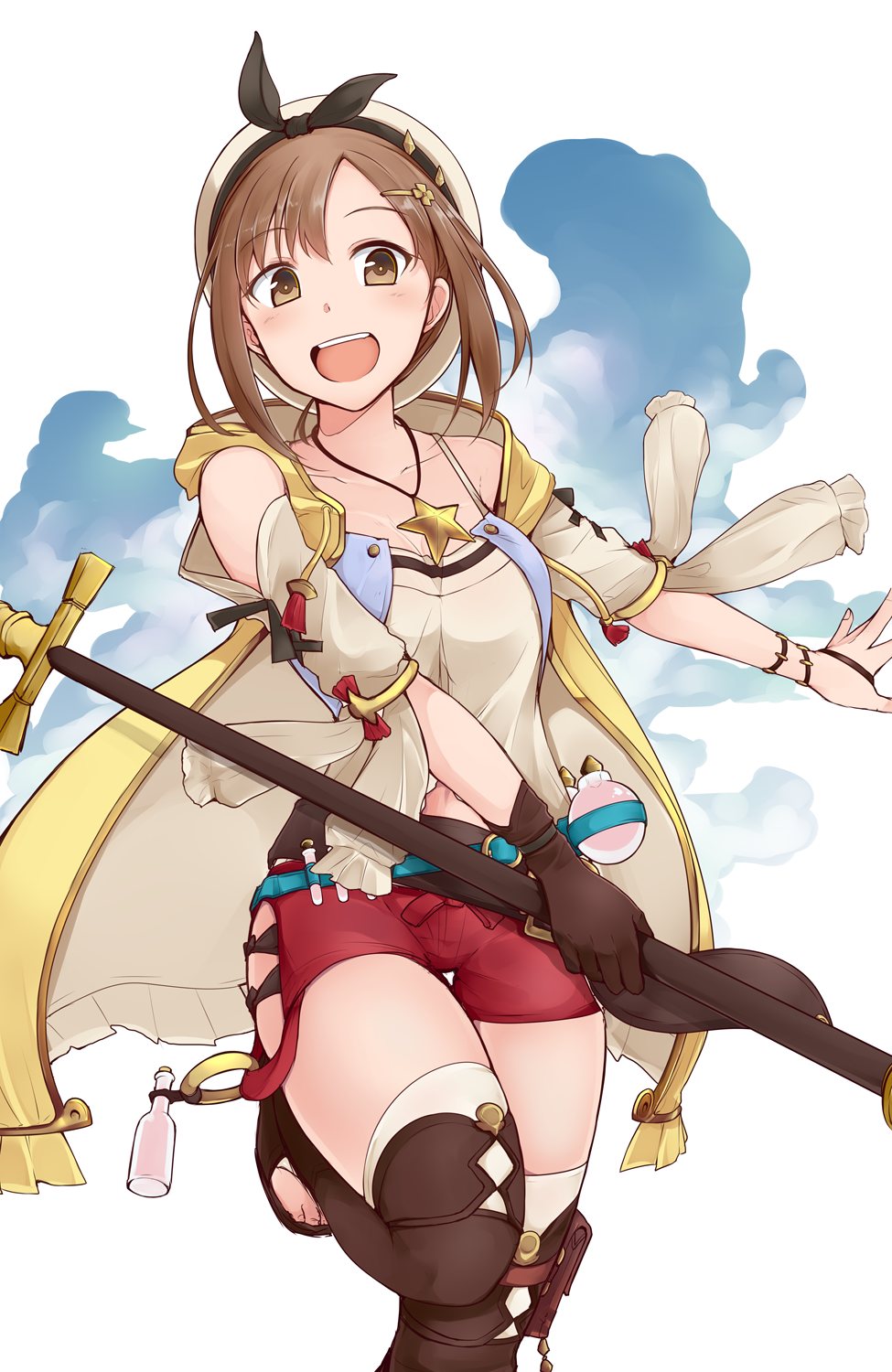 1girl :d atelier_(series) atelier_ryza bangs bare_shoulders belt beret blue_belt blush boots breasts brown_belt brown_eyes brown_footwear brown_gloves brown_hair collarbone commentary_request flask gloves hair_ornament hairclip hat highres holding holding_staff hood hood_down hooded_jacket jacket jewelry leather leather_belt leather_boots leather_gloves looking_at_viewer necklace open_mouth outstretched_arm partial_commentary pouch red_shorts reisalin_stout round-bottom_flask shirt short_shorts shorts shoulder_cutout single_glove sleeveless sleeveless_jacket smile solo staff standing standing_on_one_leg star star_necklace thigh-highs thigh_boots thigh_gap thigh_pouch thighhighs_under_boots thighs toeless_boots vellark white_background white_headwear white_legwear white_shirt wristband yellow_jacket