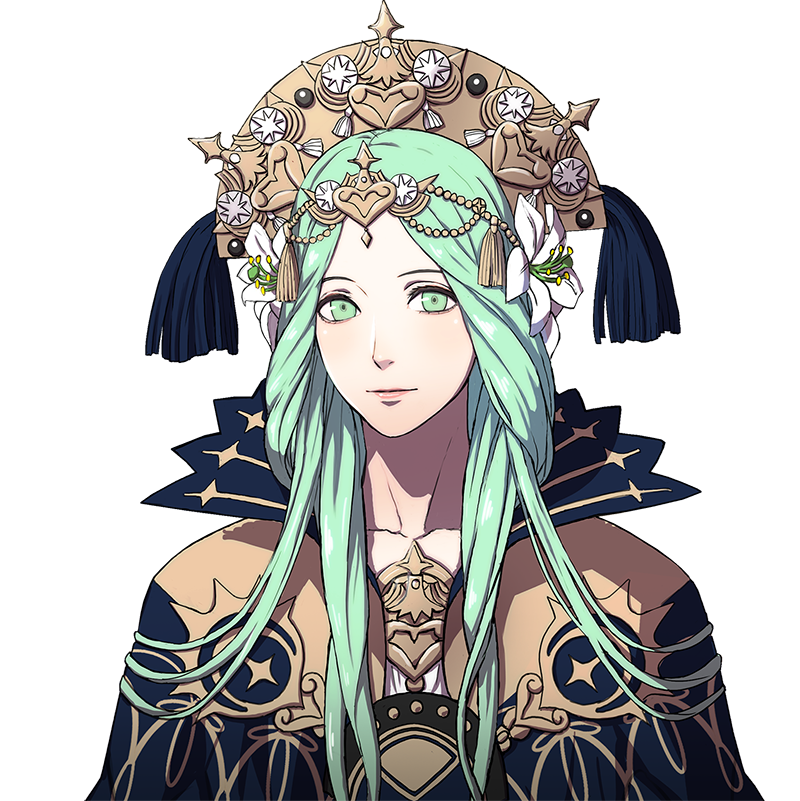1girl bangs braid cape closed_mouth collarbone commentary dalachi_(headdress) face fire_emblem fire_emblem:_three_houses flower green_eyes green_hair hair_flower hair_ornament hair_over_shoulder high_collar kurahana_chinatsu long_hair looking_at_viewer official_art parted_bangs pink_lips rhea_(fire_emblem:_three_houses) simple_background smile solo transparent_background twin_braids upper_body