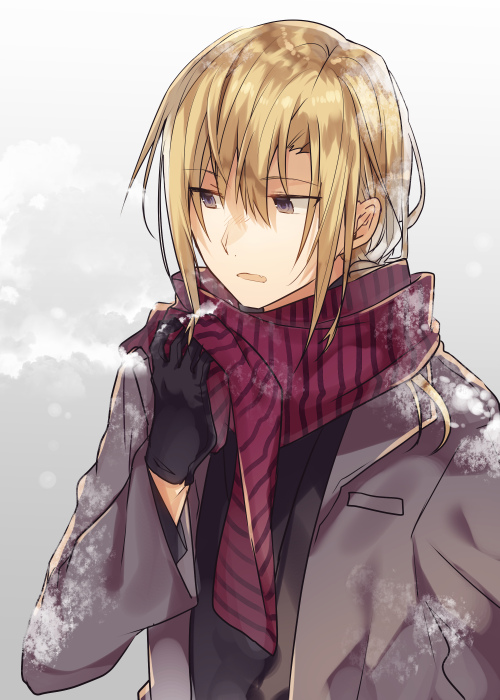 1boy abel_(shiro_seijo_to_kuro_bokushi) blonde_hair coat fang gloves kazutake_hazano long_hair male_focus scarf shiro_seijo_to_kuro_bokushi solo violet_eyes