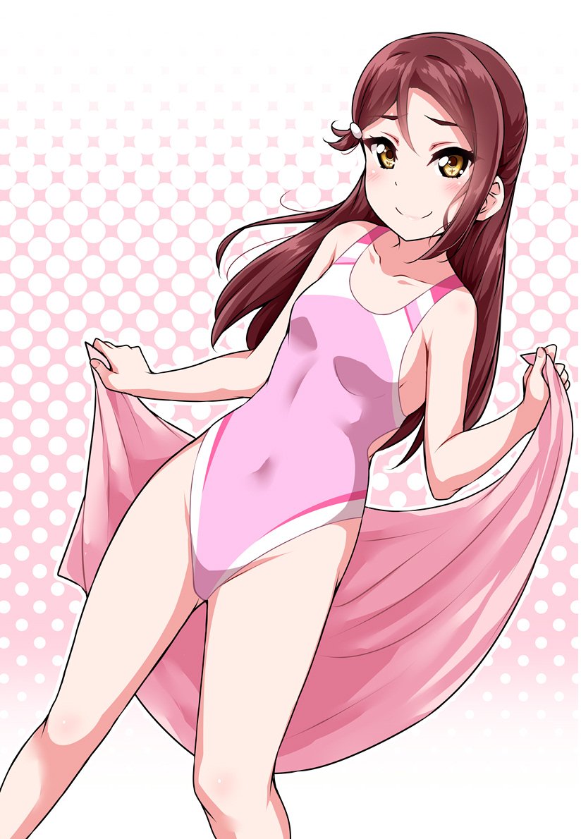 1girl blush breasts collarbone commentary_request covered_navel hair_ornament hairclip half_updo halftone halftone_background holding holding_towel long_hair looking_at_viewer love_live! love_live!_sunshine!! one-piece_swimsuit outline pink_background pink_swimsuit redhead sakurauchi_riko small_breasts smile solo swimsuit towel white_outline yellow_eyes yopparai_oni