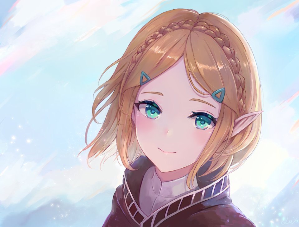 1girl bangs blonde_hair braid cape crown_braid green_eyes hair_ornament hairclip leonmandala looking_at_viewer parted_bangs pointy_ears princess_zelda short_hair slime smile solo the_legend_of_zelda the_legend_of_zelda:_breath_of_the_wild the_legend_of_zelda:_breath_of_the_wild_2