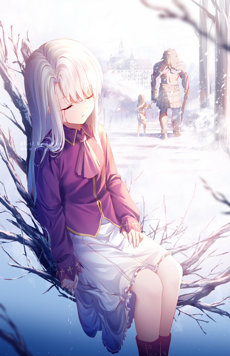 1boy 1girl artist_name ascot bangs berserker black_hair blood bloody_tears boots building closed_eyes clouds cloudy_sky collared_shirt commentary day eyebrows_visible_through_hair fate/stay_night fate_(series) frilled_skirt frills hair_between_eyes illyasviel_von_einzbern long_hair long_sleeves mansion outdoors parted_lips pleated_skirt purple_footwear purple_neckwear purple_shirt rimuu shirt sitting skirt sky sleeves_past_wrists snow snowing standing tree very_long_hair watermark web_address white_hair white_skirt