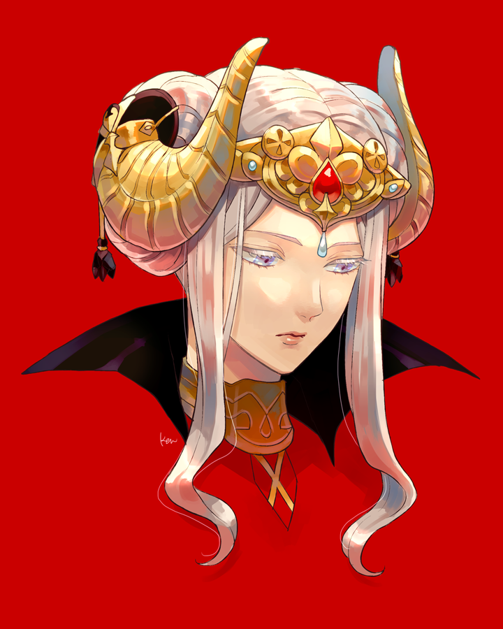 1girl akke blonde_hair blue_eyes braid cape crown edelgard_von_hresvelgr_(fire_emblem) fire_emblem fire_emblem:_three_houses hair_bun hair_ornament horns long_hair older red_background red_cape sad simple_background solo