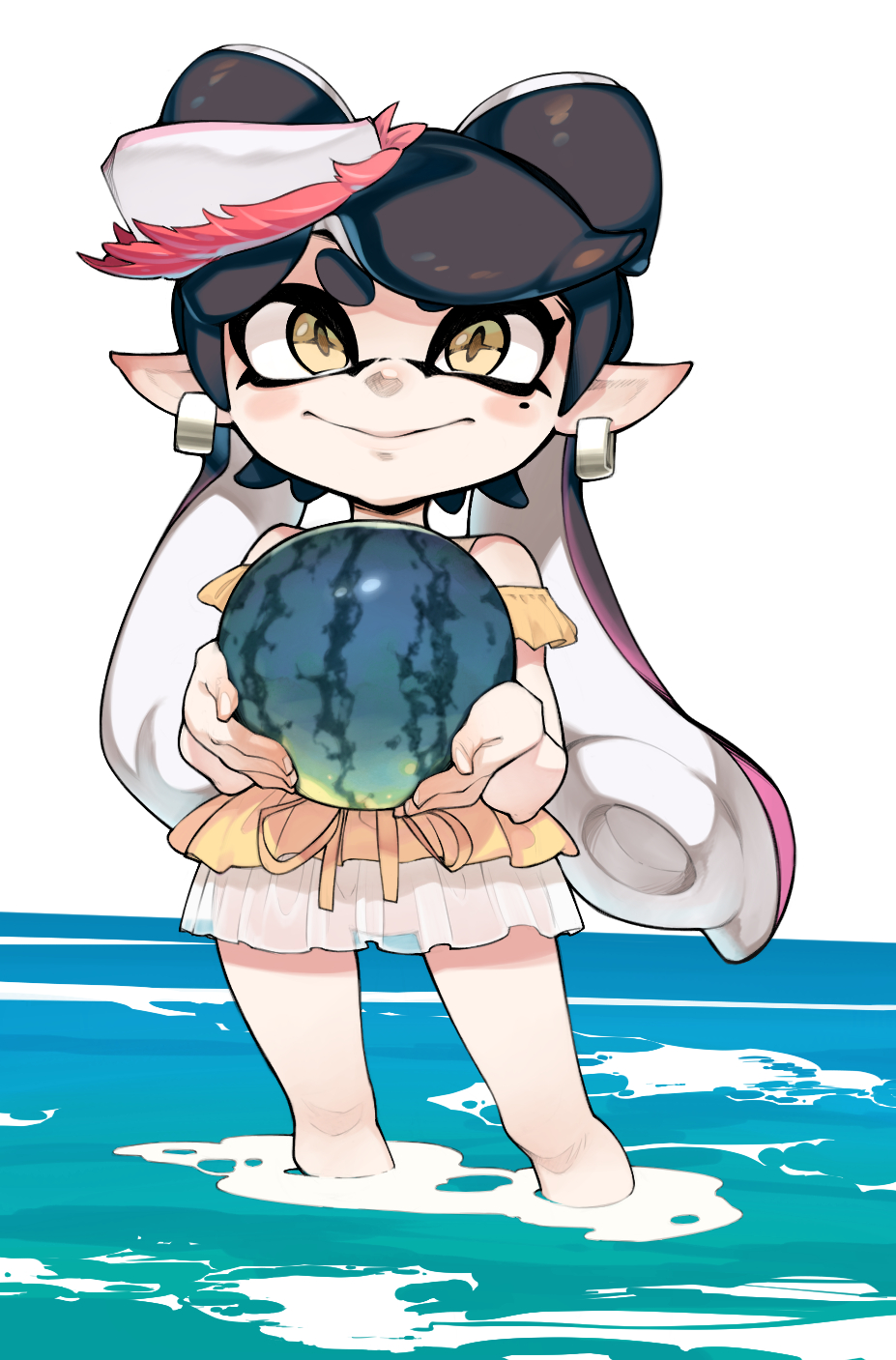 1girl aioi_u alternate_costume aori_(splatoon) black_hair closed_mouth domino_mask earrings food food_on_head fruit gradient_hair hair_rings highres holding holding_food holding_fruit jewelry mask mole mole_under_eye multicolored_hair object_on_head pink_hair pointy_ears see-through smile solo splatoon_(series) splatoon_1 suction_cups swimsuit tentacle_hair two-tone_hair wading water watermelon yellow_eyes