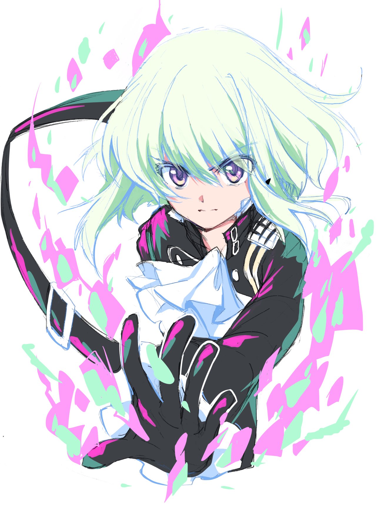 1boy androgynous black_gloves black_jacket cravat fire gloves green_hair highres izumi_rei jacket lio_fotia male_focus outstretched_hand promare solo violet_eyes