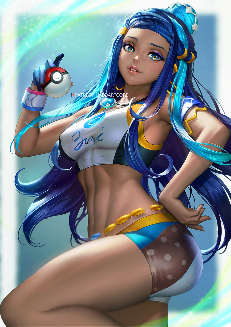 1girl abs armlet bike_shorts black_hair blue_background blue_eyes blue_hair border breasts commentary dark_skin earrings gloves gym_leader hoop_earrings jewelry long_hair looking_at_viewer multicolored multicolored_background multicolored_hair navel necklace nudtawut_thongmai patreon_logo patreon_username pink_lips poke_ball pokemon pokemon_(game) rurina_(pokemon) single_glove solo sports_bra white_border