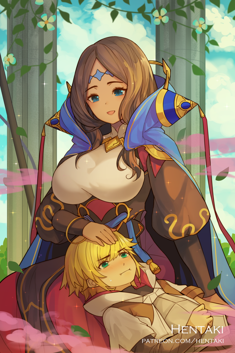 1boy 1girl :i aqua_eyes armlet black_hair blonde_hair blue_sky breasts closed_mouth clouds collar dark_skin dragalia_lost euden facial_mark flower forehead forehead_mark headgear hentaki highres hood hood_down juliet_sleeves lap_pillow large_breasts leaf long_hair long_sleeves lying motherly on_back open_mouth petting puffy_sleeves short_hair sitting sky smile smoke sparkle verica white_collar