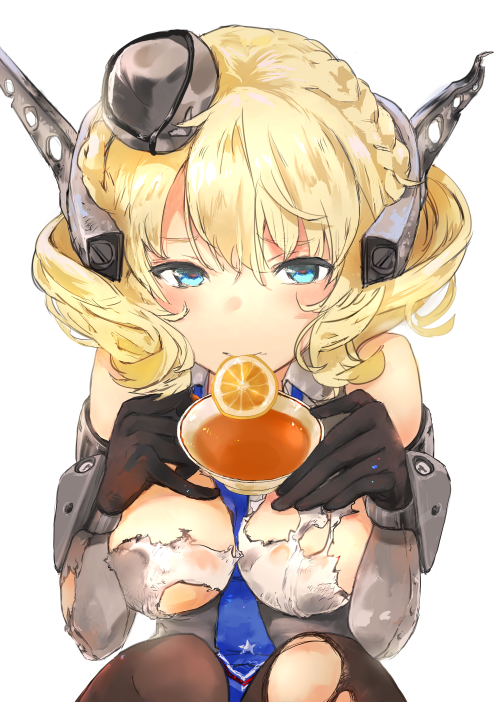 1girl between_breasts black_gloves black_legwear blonde_hair blue_eyes breasts colorado_(kantai_collection) commentary_request cowboy_shot cup dress elbow_gloves food fruit garrison_cap gloves grey_dress hat headgear kantai_collection large_breasts necktie orange orange_slice pantyhose pleated_dress renon_(tenle) shirt short_hair side_braids simple_background sipping sleeveless solo tea teacup torn_clothes white_background white_shirt