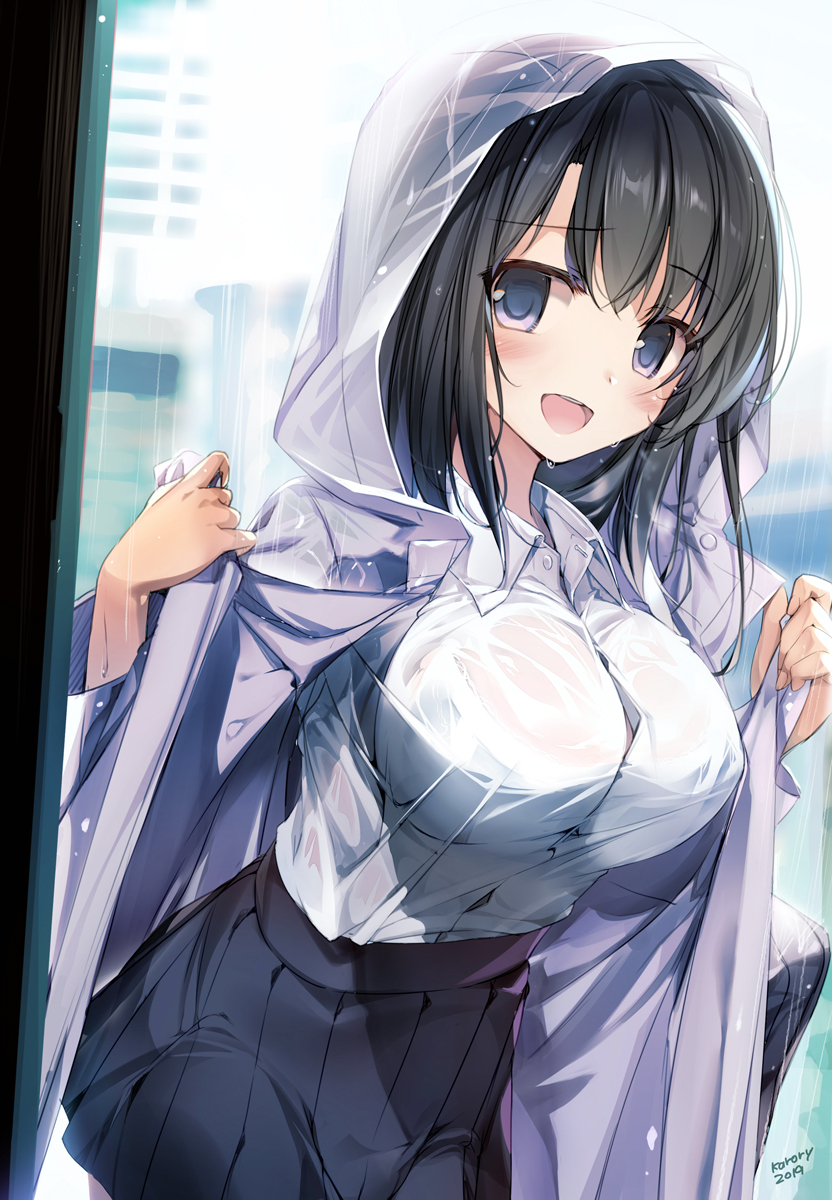 1girl :d artist_name bag bangs black_hair black_skirt blue_eyes blush breasts coat collared_shirt cowboy_shot dated eyebrows_visible_through_hair highres hood hood_up karory large_breasts leaning_forward long_hair long_sleeves medium_skirt open_clothes open_coat open_mouth original pleated_skirt purple_coat raincoat school_bag school_uniform see-through shirt skirt smile solo wing_collar