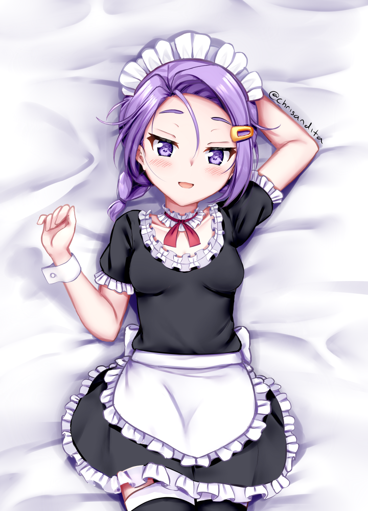 1girl :d apron arm_up bed_sheet black_dress black_legwear blush bokutachi_wa_benkyou_ga_dekinai breasts choker chrisandita dress frilled_choker frilled_dress frills hair_ornament hairclip hand_up kominami_asumi looking_at_viewer lying maid maid_apron maid_headdress on_back open_mouth purple_hair short_hair short_sleeves small_breasts smile solo thigh-highs violet_eyes waist_apron wrist_cuffs