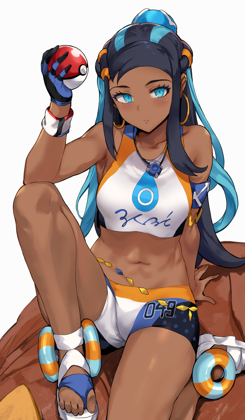1girl aqua_eyes aqua_hair arm_support armband bangs bare_legs black_hair breasts commentary dark_skin earrings expressionless eyeshadow gloves hair_ornament hews_hack highres holding holding_poke_ball hoop_earrings jewelry looking_at_viewer makeup midriff multicolored_hair multiple_earrings navel necklace parted_bangs poke_ball poke_ball_(generic) pokemon pokemon_(game) pokemon_swsh rurina_(pokemon) sandals sidelocks simple_background single_glove sitting small_breasts solo sports_bikini swimsuit tankini two-tone_hair white_background wristband