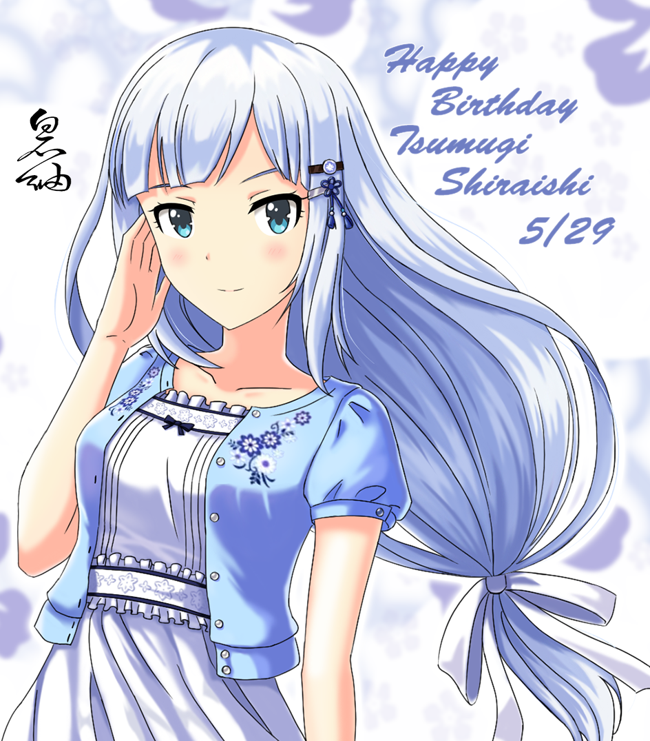 1girl adjusting_hair arjend blue_eyes blush character_name closed_mouth collarbone dress floating_hair hair_ornament hair_ribbon hairclip happy_birthday idolmaster idolmaster_million_live! long_hair looking_at_viewer low-tied_long_hair ribbon shiraishi_tsumugi short_sleeves silver_hair smile solo upper_body very_long_hair white_dress white_ribbon