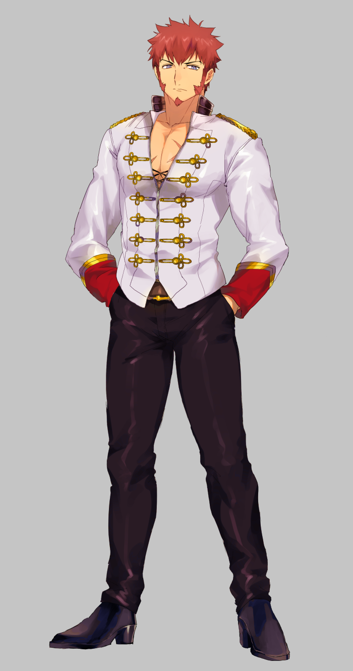 1boy beard belt blue_eyes brown_hair chest closed_mouth epaulettes facial_hair fate/grand_order fate_(series) hands_in_pockets highres long_sleeves looking_at_viewer male_focus military napoleon_bonaparte_(fate/grand_order) open_clothes open_shirt pants pectorals rondo_(poccal) scar shoes simple_background solo standing uniform