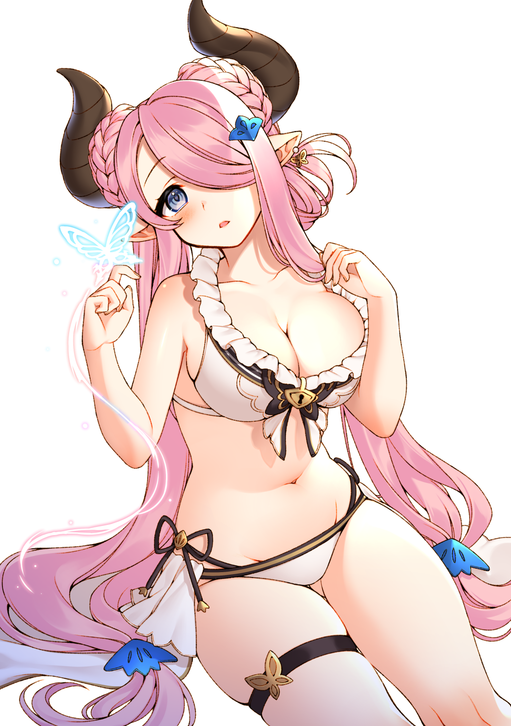 1girl bikini blue_eyes blush breasts bug butterfly draph earrings granblue_fantasy hair_ornament hair_over_one_eye highres horns insect jewelry large_breasts lio_(tsukuyomi-tei) long_hair narmaya_(granblue_fantasy) navel pink_hair pointy_ears simple_background single_thighhigh sitting solo swimsuit thigh-highs very_long_hair white_background white_bikini