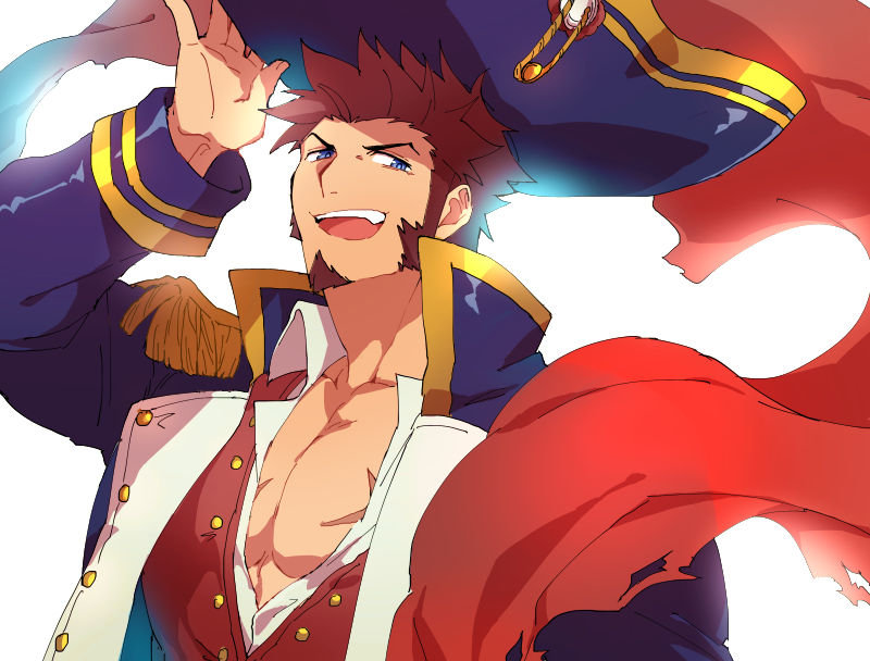 1boy beard blue_eyes brown_hair cape chest epaulettes facial_hair fate/grand_order fate_(series) hat holding holding_hat large_hat long_sleeves looking_at_viewer male_focus military military_uniform napoleon_bonaparte_(fate/grand_order) open_mouth rondo_(poccal) scar simple_background smile solo teeth uniform