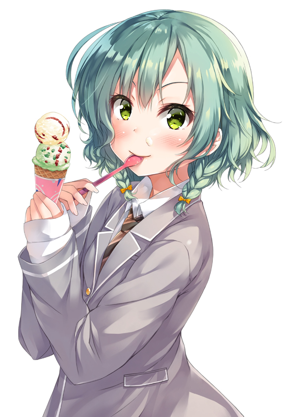 &gt;:) 1girl bang_dream! bangs blazer blush bow brown_neckwear commentary_request double_scoop eating food food_on_face from_side green_eyes green_hair grey_jacket hair_bow haneoka_school_uniform hikawa_hina ice_cream ice_cream_cone jacket long_sleeves looking_at_viewer necktie school_uniform short_hair side_braids simple_background sleeves_past_wrists solo spoon striped striped_neckwear tomo_wakui upper_body white_background