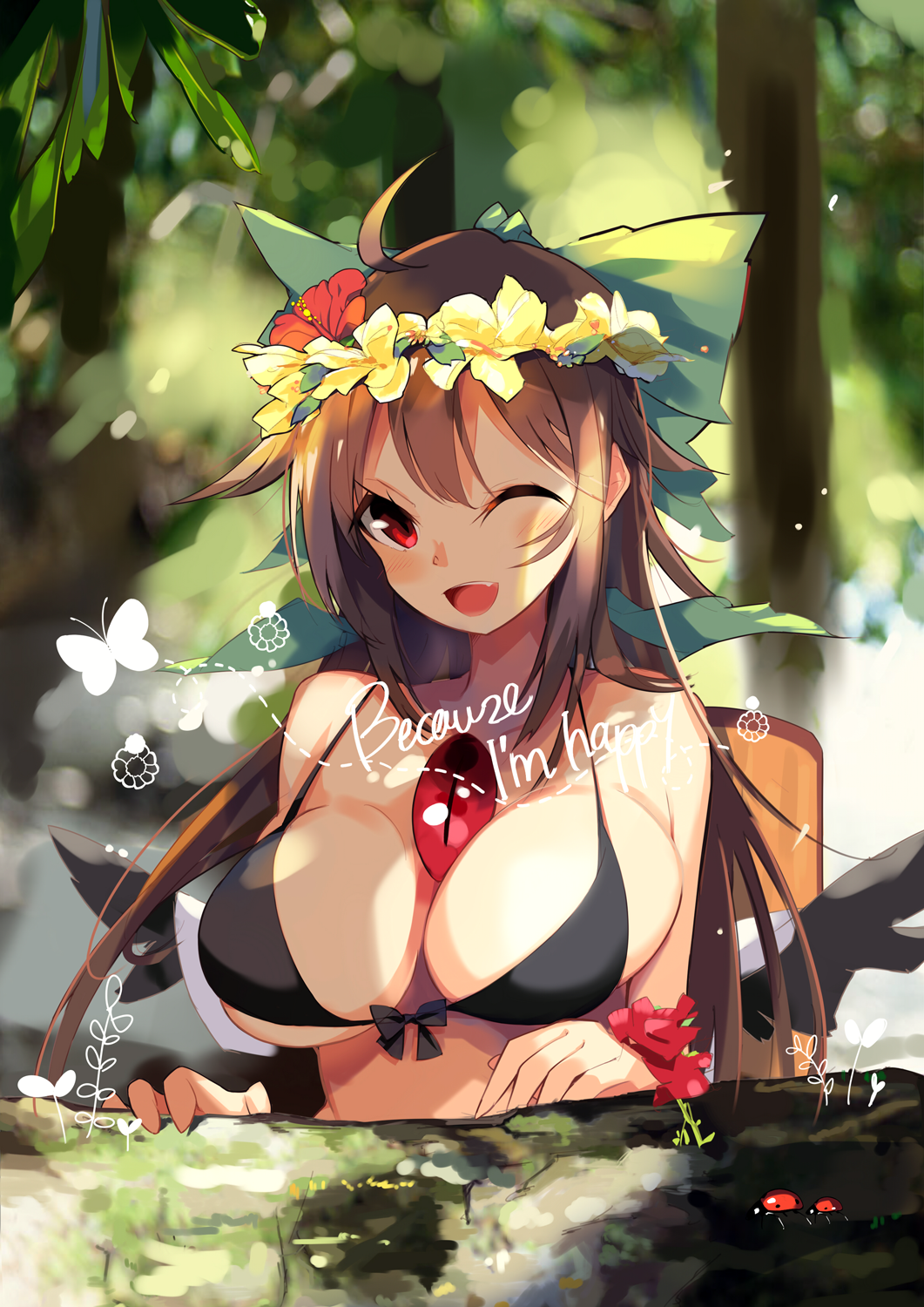 1girl ;d ahoge bangs bare_shoulders bikini black_bikini black_wings blurry blurry_background blush bow breasts brown_hair bug butterfly commentary_request english_text fang feathered_wings flower front-tie_bikini front-tie_top green_bow hair_bow hair_flower hair_ornament head_wreath highres insect large_breasts leaf long_hair looking_at_viewer one_eye_closed open_mouth red_eyes red_flower reiuji_utsuho sidelocks smile solo swimsuit tetsurou_(fe+) touhou upper_body wings yellow_flower