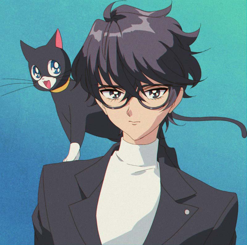 1992 1boy 90s amamiya_ren atlus bishoujo_senshi_sailor_moon black_eyes black_hair blazer blue_background blue_eyes cat collar glasses jacket megami_tensei mizu_cx morgana morgana_(persona_5) nintendo parody persona persona_5 playstation school_uniform short_hair super_smash_bros. takeuchi_naoko_(style)