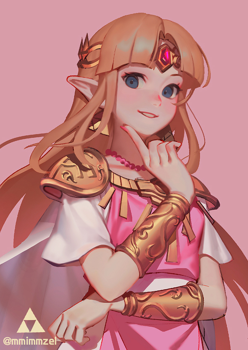 1girl bangs blonde_hair blue_eyes bracer braid circlet earrings finger_to_cheek fingernails green_eyes jewelry long_fingernails long_hair looking_at_viewer mimme_(haenakk7) nail_polish parted_bangs parted_lips pauldrons pink_background pink_nails pointy_ears princess_zelda short_sleeves shoulder_armor simple_background smile solo super_smash_bros. the_legend_of_zelda the_legend_of_zelda:_a_link_between_worlds tiara tunic twin_braids upper_body