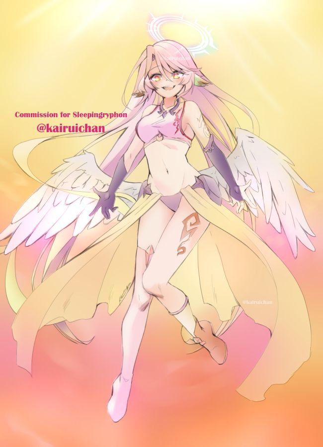 1girl angel_wings anna_lee breasts bridal_gauntlets commentary commission crop_top english_commentary feathered_wings gloves gradient_eyes gradient_hair halo jibril_(no_game_no_life) long_hair looking_at_viewer low_wings magic_circle medium_breasts midriff mismatched_legwear multicolored multicolored_eyes multicolored_hair navel no_game_no_life pink_eyes pink_hair shoes single_shoe smile solo tattoo twitter_username very_long_hair white_wings wing_ears wings yellow_eyes