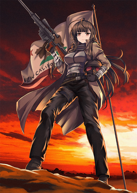 1girl ahoge alternate_costume anti-materiel_rifle bangs belt black_gloves blunt_bangs body_armor breasts brown_coat brown_hair brown_pants coat commission cosplay crossover desert dsr-50_(girls_frontline) english_commentary fallout fallout_new_vegas flag full_body gas_mask girls_frontline gloves gun headwear_removed helmet helmet_removed holding holding_gun holding_helmet holding_weapon large_breasts long_hair long_sleeves ncr ncr_veteran_ranger ncr_veteran_ranger_(cosplay) outdoors pants persocon93 pgm_hecate_ii red_eyes rifle scope sidelocks sky sniper_rifle solo standing trench_coat very_long_hair weapon