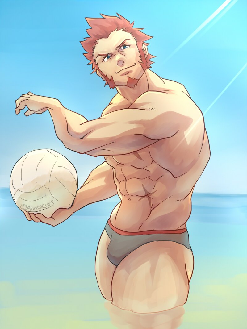 1boy ball bara beach beachball beard blue_eyes brown_hair clear_sky facial_hair fate/grand_order fate_(series) looking_at_viewer male_focus muscle napoleon_bonaparte_(fate/grand_order) navel scar shirtless smile solo sunlight swimsuit thighs water