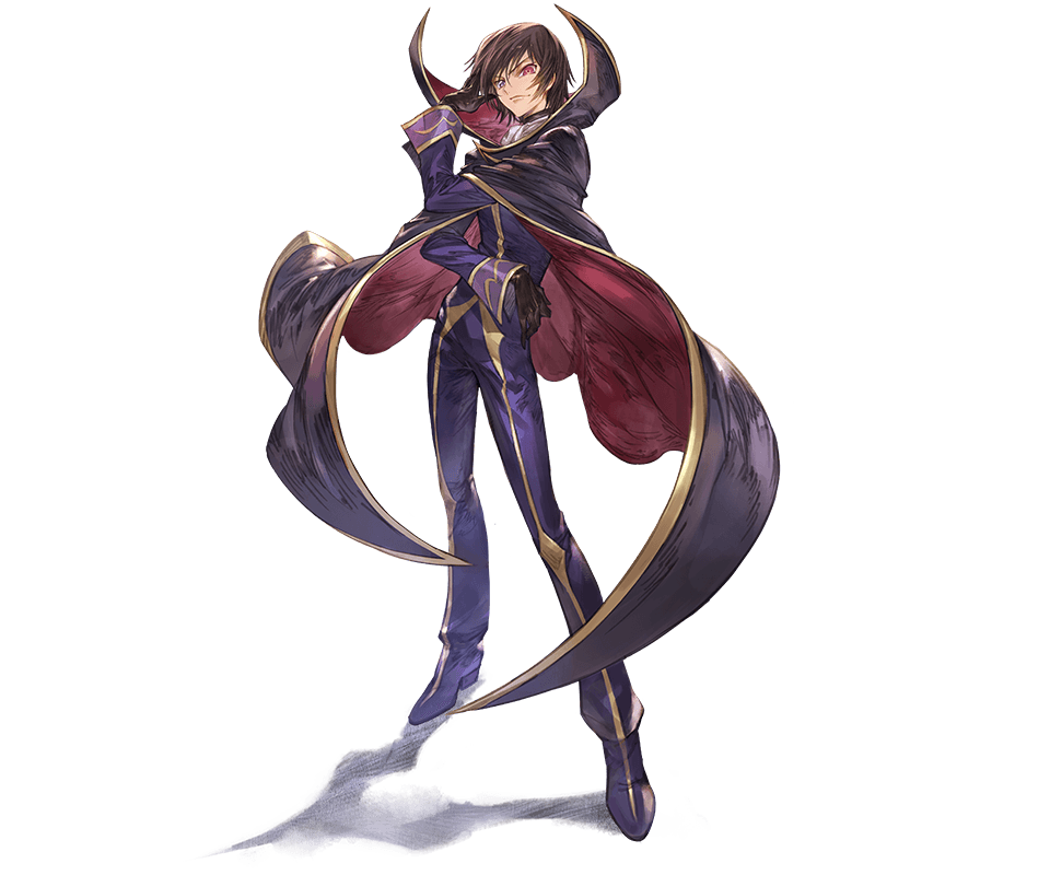 1boy black_cape black_gloves brown_hair cape code_geass geass gloves granblue_fantasy heterochromia lelouch_lamperouge looking_at_viewer male_focus minaba_hideo official_art transparent_background violet_eyes