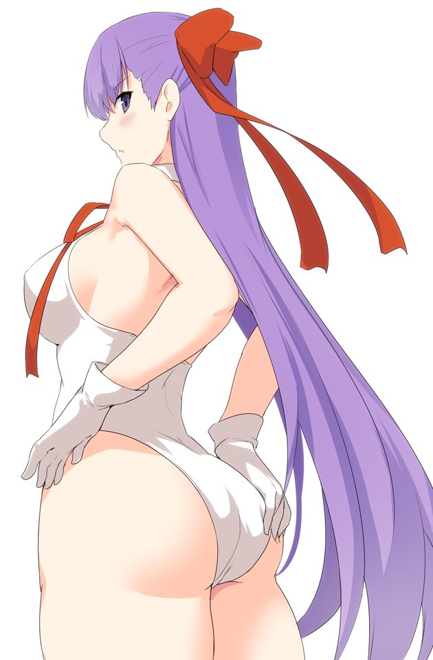 1girl ass bare_shoulders blush bow breasts character_request eyebrows_visible_through_hair fate/grand_order fate_(series) from_behind from_below gloves hair_bow hair_ornament large_breasts long_hair looking_at_viewer purple_hair red_bow red_ribbon ribbon shiseki_hirame simple_background solo violet_eyes white_background white_gloves