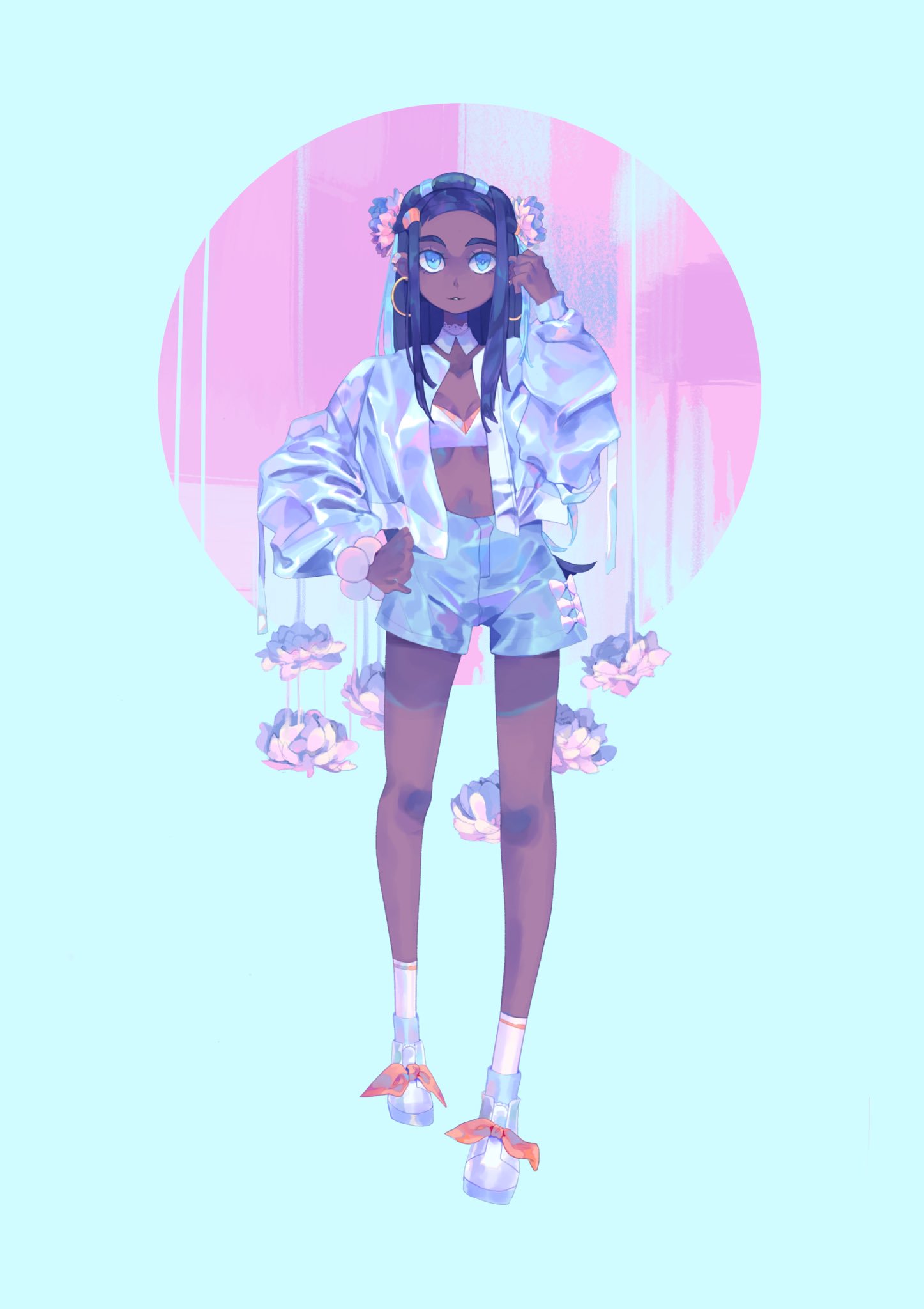 1girl alternate_costume black_hair blue_background blue_eyes blue_shorts breasts circle dark_skin earrings flower fortisselle full_body hair_flower hair_ornament hand_on_hip highres hoop_earrings jacket jewelry long_hair long_sleeves navel open_clothes open_jacket pokemon pokemon_(game) pokemon_swsh puffy_sleeves rurina_(pokemon) shoes shorts smile solo standing white_footwear