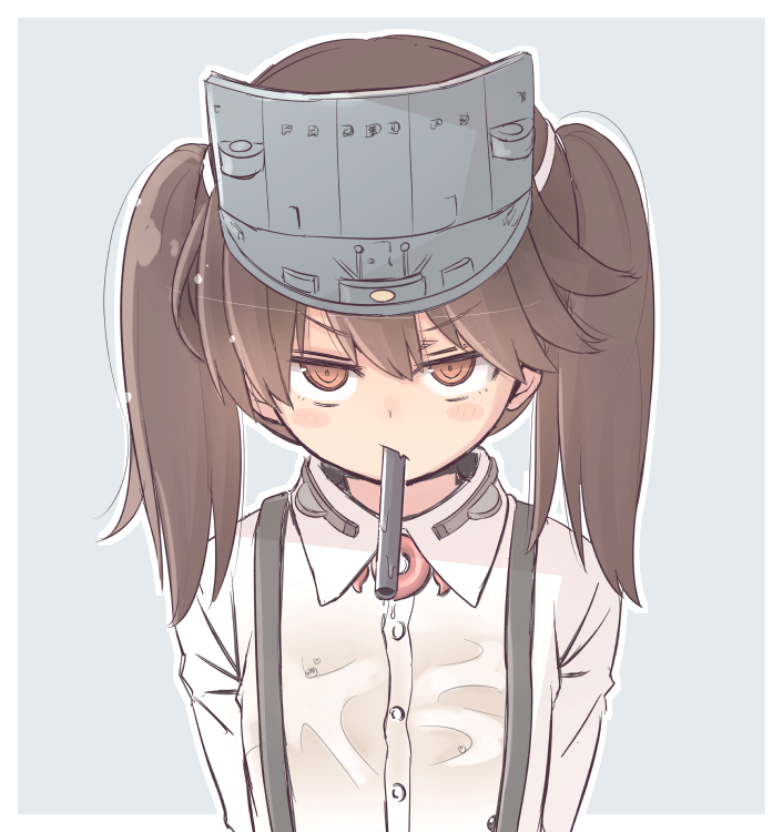 1girl bangs blush brown_eyes brown_hair closed_mouth commentary_request drinking_straw eyebrows_visible_through_hair flat_chest fujisaki_yuu hair_between_eyes hair_ornament holding kantai_collection looking_at_viewer mouth_hold ryuujou_(kantai_collection) simple_background solo standing tawawa_challenge twintails upper_body visor_cap wet