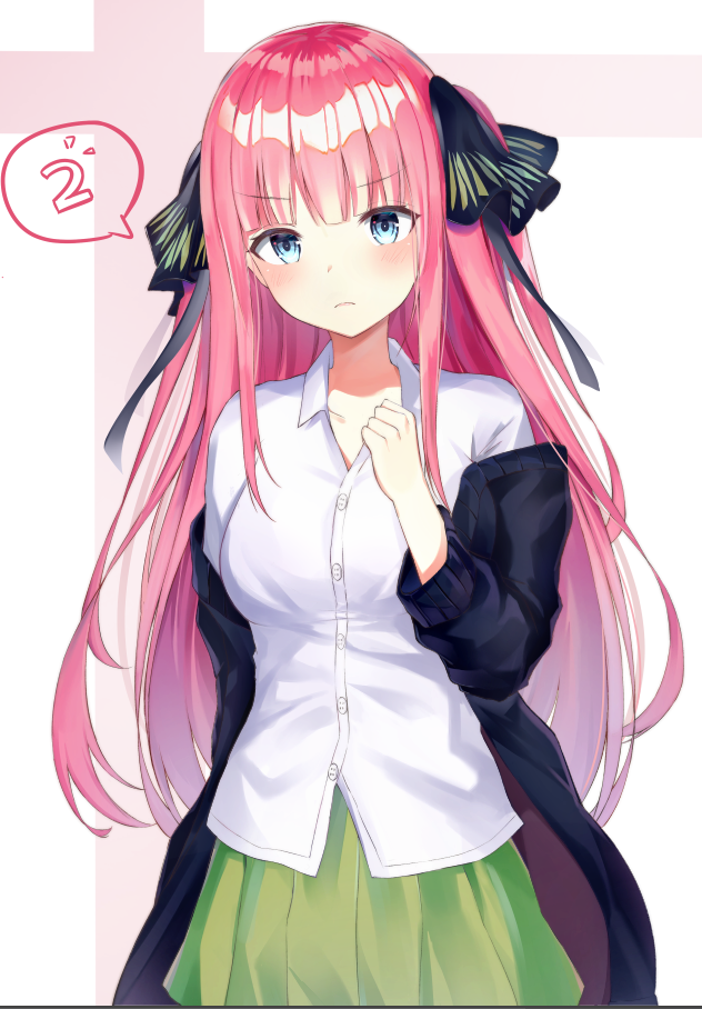 1girl bangs black_jacket black_ribbon blue_eyes blush breasts closed_mouth collarbone collared_shirt commentary_request dress_shirt ds_a eyebrows_visible_through_hair go-toubun_no_hanayome green_skirt hair_ribbon hand_up jacket light_frown long_hair looking_at_viewer medium_breasts nakano_nino off_shoulder open_clothes open_jacket pleated_skirt redhead ribbon shirt skirt solo speech_bubble two_side_up v-shaped_eyebrows very_long_hair white_shirt