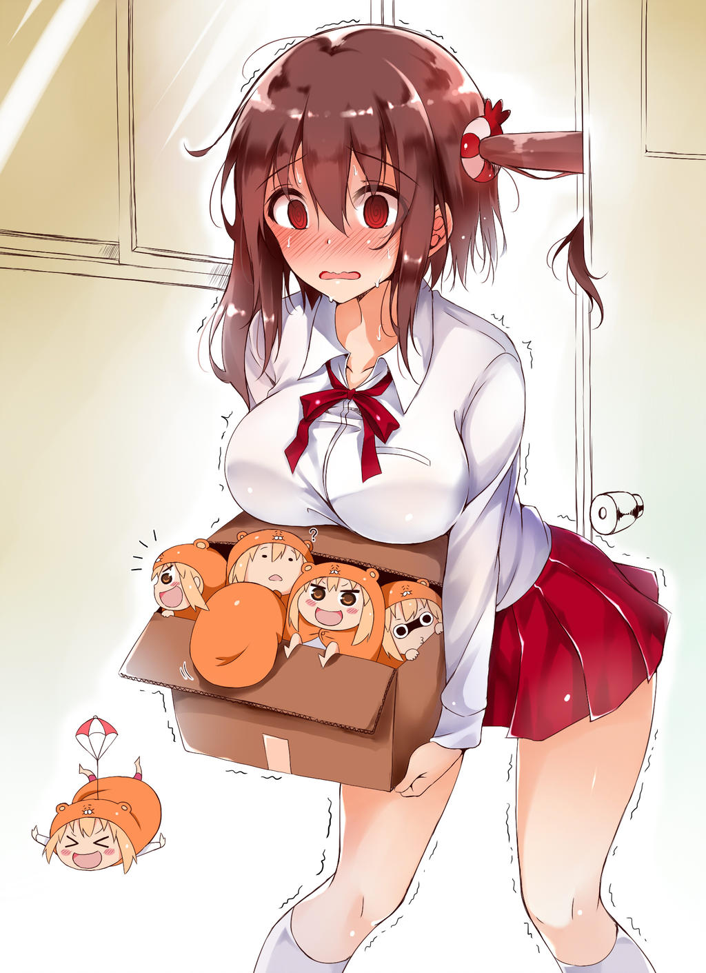 &gt;_&lt; /\/\/\ 6+girls :d ? blush blush_stickers box breasts brown_eyes brown_hair buttons carrying chesstitan collarbone cute d: dogakobo doma_umaru door doorknob ebina_nana hair_ornament hamster_costume hamster_hood highres himouto!_umaru-chan kneehighs komaru large_breasts legs_up minigirl multiple_girls open_mouth outstretched_arms parachute red_eyes red_skirt shaking shueisha skirt smile sweat sweatdrop thighs wavy_mouth white_legwear window xd