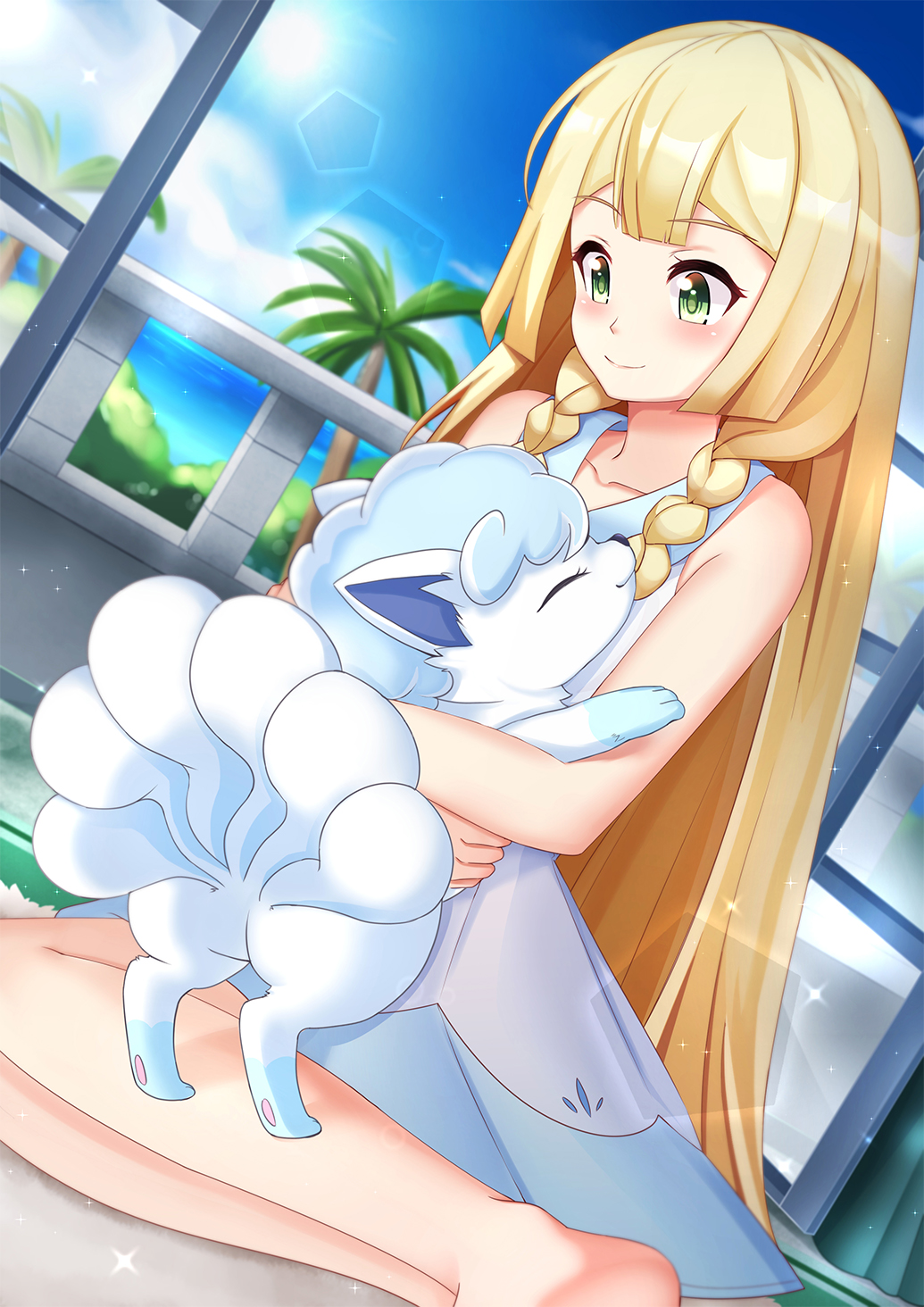 1girl alolan_form alolan_vulpix blonde_hair blue_sky braid closed_mouth clouds day dress gen_1_pokemon green_eyes highres leng_xiao lillie_(pokemon) long_hair palm_tree pokemon pokemon_(anime) pokemon_(creature) pokemon_sm_(anime) sitting sky sleeveless sleeveless_dress smile tree twin_braids white_dress