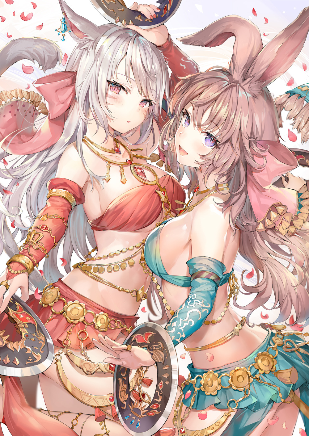 2girls :d :o animal_ears aqua_skirt arm_up armpits bandeau bangs bare_shoulders blurry breasts bridal_gauntlets brown_hair bunny_girl cat_ears cat_girl cat_tail chakram collarbone cowboy_shot crystal_earrings dancer_(final_fantasy) detached_sleeves earrings eyebrows_visible_through_hair facial_mark final_fantasy final_fantasy_xiv hair_ribbon harem_outfit highres holding holding_weapon jewelry leg_up long_hair looking_at_viewer medium_breasts midriff miniskirt miqo'te momoko_(momopoco) multiple_girls navel neck_ring open_mouth parted_lips petals pink_ribbon pink_skirt rabbit_ears red_eyes ribbon ring silver_hair skirt slit_pupils smile standing standing_on_one_leg stomach tail tassel viera violet_eyes weapon
