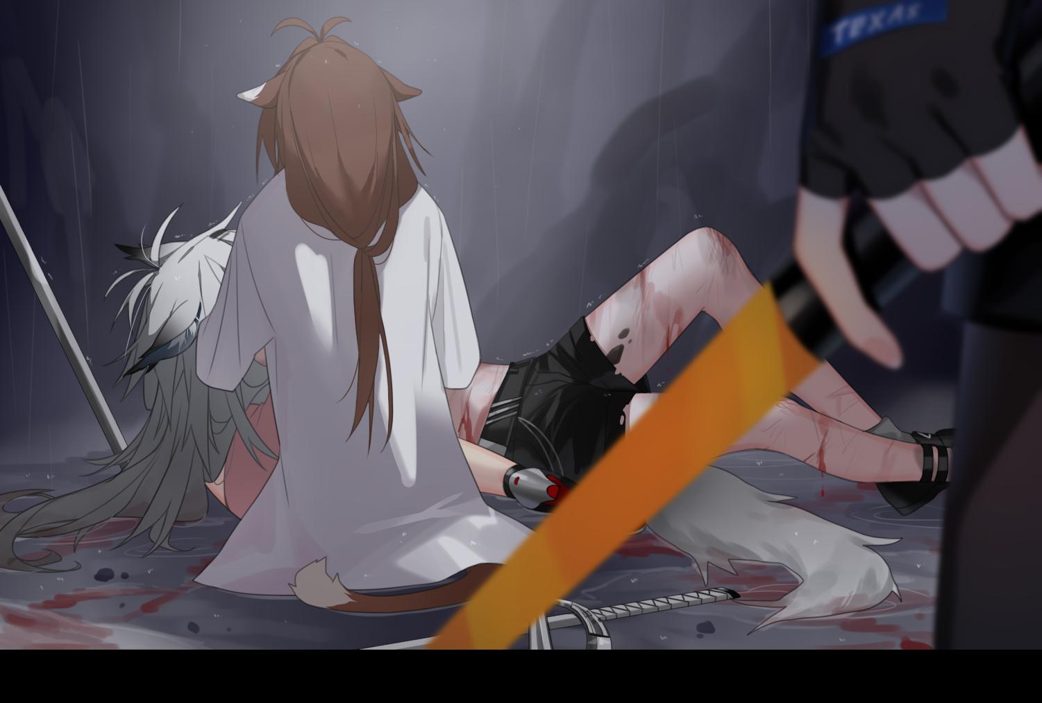 3girls ahoge animal_ears arknights back blood brown_hair cradling_head deathalice defeat ears_down female_commander_(girls_frontline) fingerless_gloves gloves injury kneeling labcoat lappland_(arknights) long_hair multiple_girls rain shorts silver_hair sword tail very_long_hair weapon