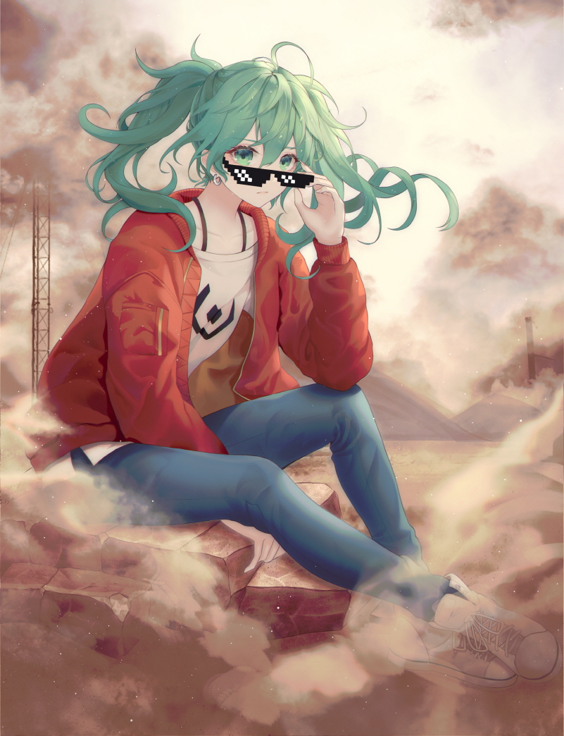 1girl bangs blue_pants closed_mouth clouds cloudy_sky collarbone deal_with_it dust_cloud earrings eyebrows_visible_through_hair full_body green_eyes green_hair hair_between_eyes hand_up hatsune_miku jacket jewelry long_hair long_sleeves looking_at_viewer mountain open_clothes open_jacket outdoors pants red_jacket sand shirt shoes sidelocks sitting sky solo suna_no_wakusei_(vocaloid) sunglasses twintails vocaloid white_footwear white_shirt zain_(jiha3905)