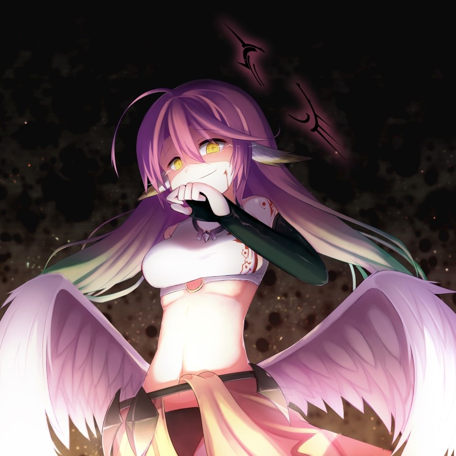 1girl ahoge angel_wings blood blood_on_face breasts bridal_gauntlets closed_mouth crop_top cross evil_smile feathered_wings gradient_hair hair_between_eyes halo jibril_(no_game_no_life) long_hair looking_at_viewer low_wings magic_circle medium_breasts midriff multicolored_hair no_game_no_life pink_hair smile solo sugar_(dndi888) symbol-shaped_pupils tattoo very_long_hair white_wings wing_ears wings yellow_eyes