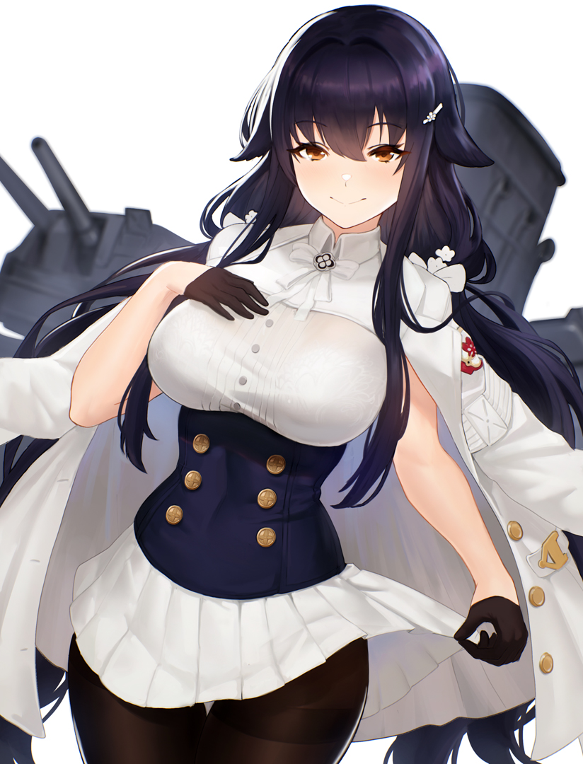 1girl azuma_(azur_lane) azur_lane bangs black_gloves black_hair black_legwear blush bra_through_clothes breasts brown_eyes closed_mouth covered_navel edward_montenegro eyebrows_visible_through_hair gloves hair_between_eyes hair_ornament hairclip half_gloves hand_on_own_chest head_tilt large_breasts lifted_by_self long_hair looking_at_viewer pantyhose pleated_skirt simple_background skirt skirt_lift smile solo thigh_gap thighband_pantyhose very_long_hair white_background white_skirt