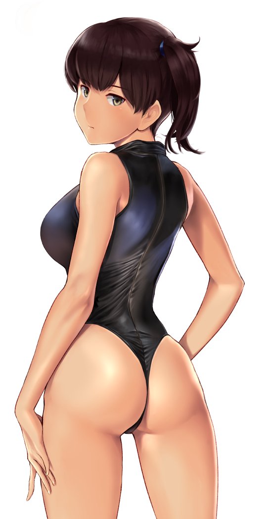 1girl ass back bangs bare_shoulders black_swimsuit breasts brown_eyes brown_hair closed_mouth competition_swimsuit hair_between_eyes highleg highleg_swimsuit kaga_(kantai_collection) kantai_collection large_breasts looking_at_viewer looking_back medium_hair one-piece_swimsuit revision side_ponytail simple_background solo swimsuit thighs wa_(genryusui) white_background