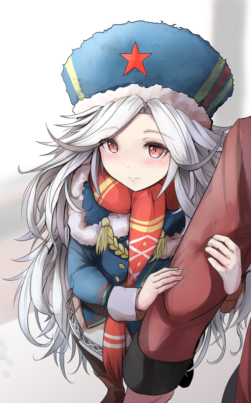 1girl arm_hug bangs black_legwear blue_capelet blue_headwear blue_jacket blurry blurry_background blush boots brown_footwear capelet closed_mouth commander_(girls_frontline) commentary_request depth_of_field eyebrows_visible_through_hair fingernails fringe_trim fur-trimmed_capelet fur_hat fur_trim girls_frontline hat highres jacket long_hair looking_away makarov_(girls_frontline) out_of_frame pantyhose pleated_skirt red_eyes red_jacket red_scarf scarf silver_hair skirt smile solo_focus star take_(trude1945oneetyan) very_long_hair white_skirt