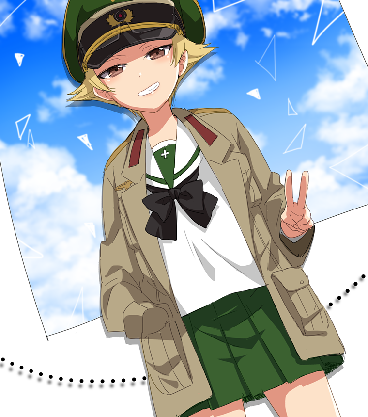 1girl black_bow black_neckwear blonde_hair blouse blue_sky bow bowtie broken_window brown_eyes brown_jacket clouds cloudy_sky commentary day dutch_angle erwin_(girls_und_panzer) girls_und_panzer glass goggles goggles_on_headwear green_headwear green_skirt grin half-closed_eyes hand_in_pocket hat jacket long_sleeves looking_at_viewer military_hat military_jacket miniskirt ooarai_school_uniform open_clothes open_jacket peaked_cap pleated_skirt pointy_hair school_uniform serafuku shadow shinaso_(sachi-machi) short_hair skirt sky smile solo standing v-shaped_eyebrows white_blouse