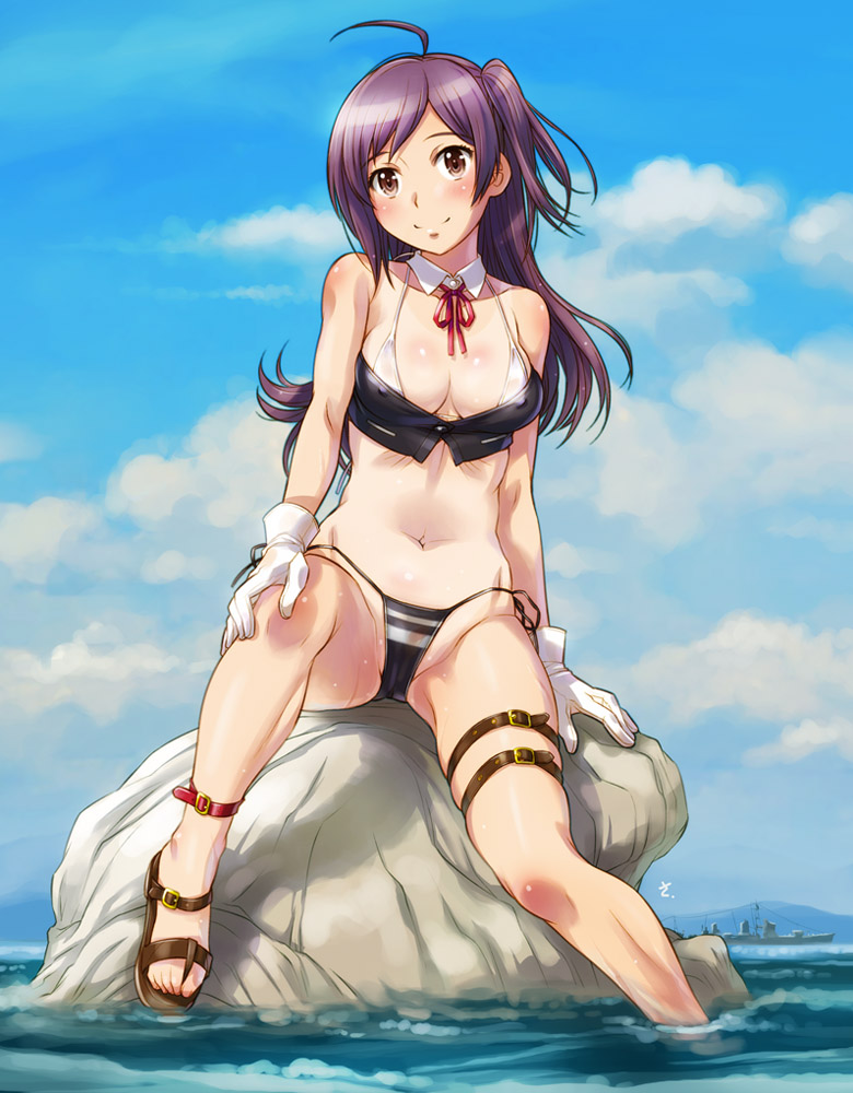 1girl ahoge ankle_strap bangs bare_shoulders bikini black_bikini blue_sky blush breasts covered_nipples day detached_collar gloves groin hagikaze_(kantai_collection) kantai_collection long_hair looking_at_viewer navel neck_ribbon one_side_up outdoors purple_hair red_ribbon ribbon rock sameha_ikuya sandals side-tie_bikini sidelocks sitting sky smile soaking_feet solo stomach swimsuit thigh_strap white_gloves yellow_eyes