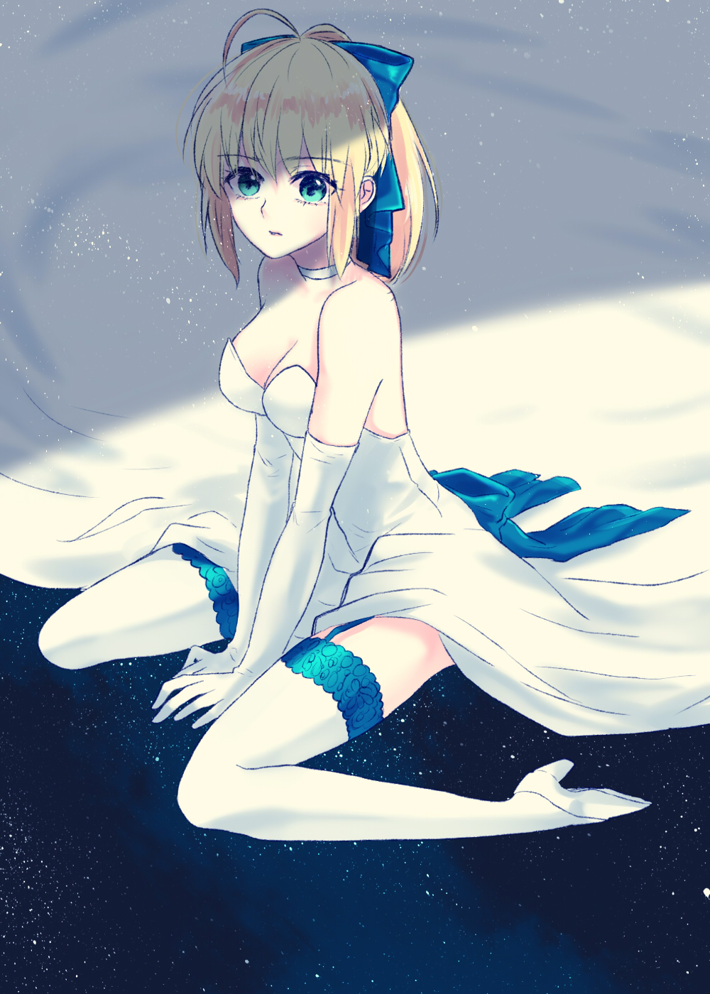 1girl ahoge artoria_pendragon_(all) backless_dress backless_outfit bangs between_legs blonde_hair blue_bow blue_eyes bow choker collarbone dress elbow_gloves eyebrows_visible_through_hair fate/stay_night fate_(series) garter_straps gloves hair_bow hand_between_legs high_heels highres long_hair looking_at_viewer open_mouth ponytail pumps ro96cu saber sitting sleeveless sleeveless_dress solo strapless strapless_dress thigh-highs wariza wedding_dress white_dress white_footwear white_gloves white_legwear