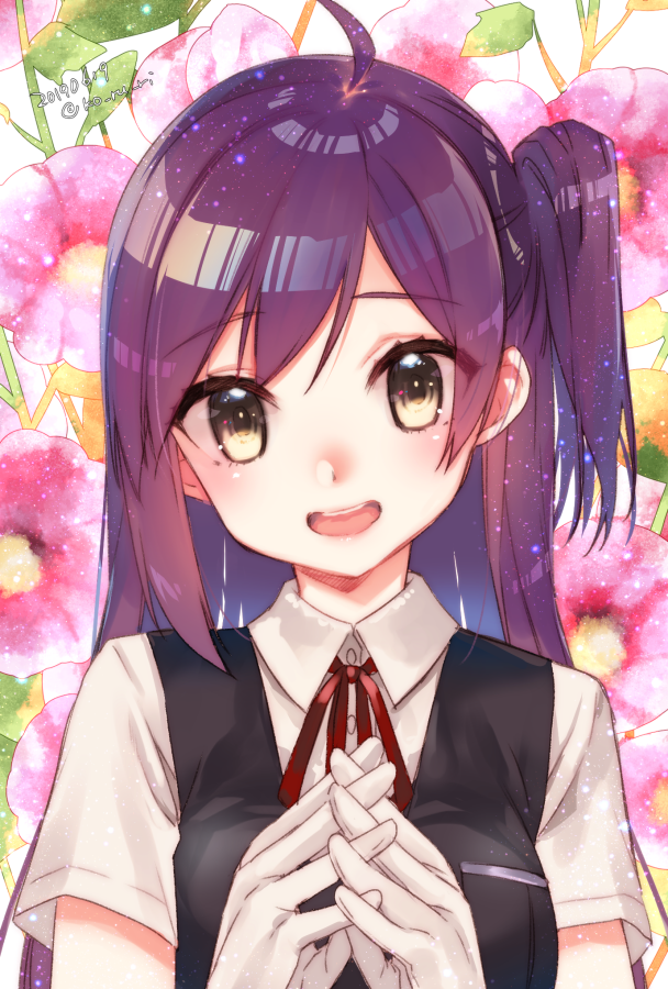 1girl ahoge asymmetrical_hair bangs black_vest blush breasts dated eyebrows_visible_through_hair floral_background flower gloves hagikaze_(kantai_collection) hands_together kantai_collection koruri long_hair looking_at_viewer neck_ribbon one_side_up open_mouth pink_flower purple_hair red_ribbon ribbon shirt short_hair solo twitter_username upper_body vest white_gloves white_shirt yellow_eyes