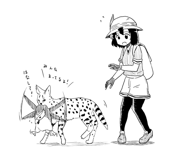 1girl animal animalization backpack bag bird black_legwear cat gloves greyscale hat helmet kaban_(kemono_friends) kemono_friends ki-51_(ampullaria) monochrome pantyhose penguin pith_helmet royal_penguin royal_penguin_(kemono_friends) serval serval_(kemono_friends) shorts translated